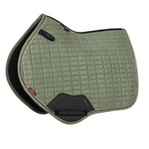 Green quilted sueded saddle pad with black accents on a white background